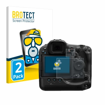 Front side of a product packaging with the brand logo BROTECT. Next to it is the device Canon EOS R3 shown with the correspond