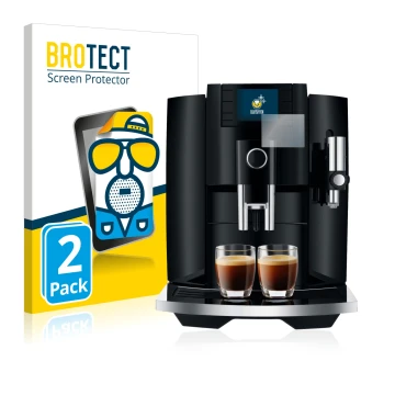 Front side of a product packaging with the brand logo BROTECT. Next to it is the device Jura E8 (EB) shown with the correspond