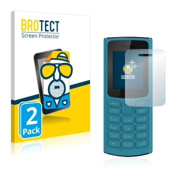 Front side of a product packaging with the brand logo BROTECT. Next to it is the device Nokia 105 4G 2021 shown with the corre