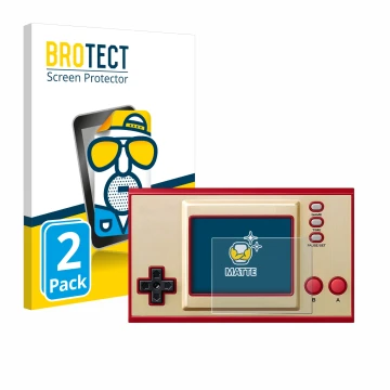 Front side of a product packaging with the brand logo BROTECT. Next to it is the device Nintendo Game & Watch Super Mario Bros