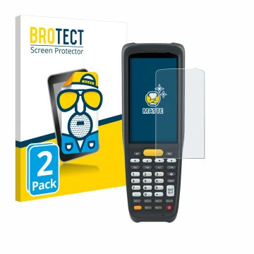 Front side of a product packaging with the brand logo BROTECT. Next to it is the device Zebra MC2200 shown with the correspond