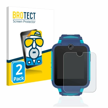 Front side of a product packaging with the brand logo BROTECT. Next to it is the device TCL Movetime Family Watch 2 shown with