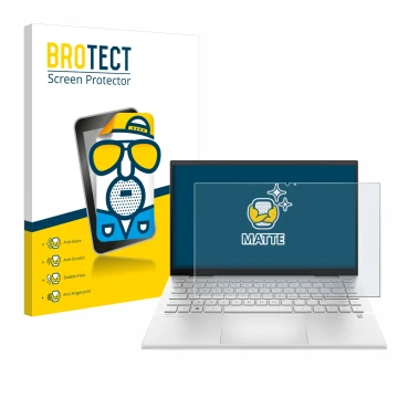 Front side of a product packaging with the brand logo BROTECT. Next to it is the device HP Pavilion x360 (14-dyX) shown with t