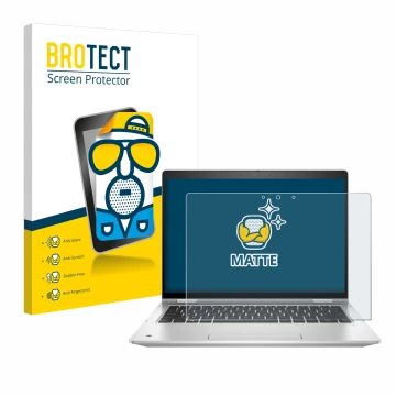 Front side of a product packaging with the brand logo BROTECT. Next to it is the device HP ProBook x360 435 G8 shown with the 