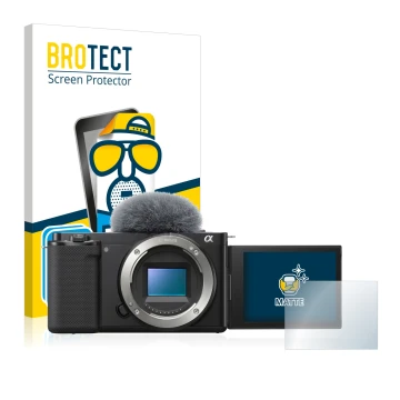Front side of a product packaging with the brand logo BROTECT. Next to it is the device Sony Alpha ZV-E10 shown with the corre