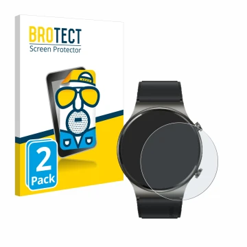 Front side of a product packaging with the brand logo BROTECT. Next to it is the device Huawei Watch GT 2 Pro ECG shown with t