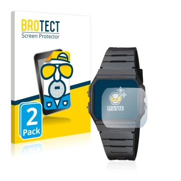 Front side of a product packaging with the brand logo BROTECT. Next to it is the device Casio Collection Unisex F-91W shown wi