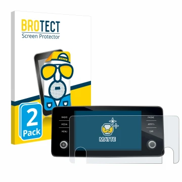 Front side of a product packaging with the brand logo BROTECT. Next to it is the device Skoda Bolero 2020 Infotainment System 