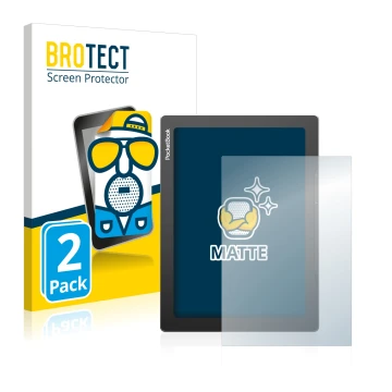 Front side of a product packaging with the brand logo BROTECT. Next to it is the device PocketBook InkPad Lite shown with the 