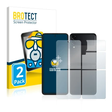 Front side of a product packaging with the brand logo BROTECT. Next to it is the device Samsung Galaxy Z Flip 3 5G (Front+Back