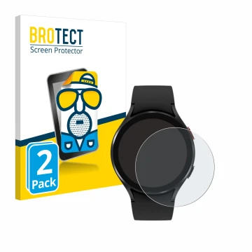 Front side of a product packaging with the brand logo BROTECT. Next to it is the device Samsung Galaxy Watch 4 (44mm) shown wi