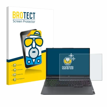 Front side of a product packaging with the brand logo BROTECT. Next to it is the device Lenovo Legion 5 Pro shown with the cor