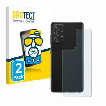 Front side of a product packaging with the brand logo BROTECT. Next to it is the device Samsung Galaxy A52s 5G (Back) shown wi