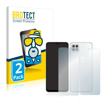 Front side of a product packaging with the brand logo BROTECT. Next to it is the device Samsung Galaxy A22 5G (Front+Back) sho