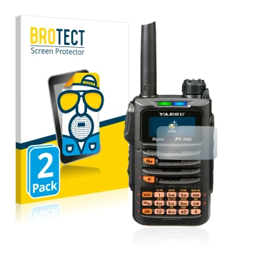 Front side of a product packaging with the brand logo BROTECT. Next to it is the device Yaesu FT-70DR shown with the correspon
