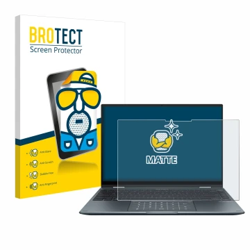 Front side of a product packaging with the brand logo BROTECT. Next to it is the device ASUS ZenBook 14 Flip OLED shown with t