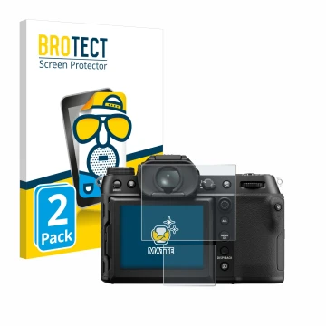 Front side of a product packaging with the brand logo BROTECT. Next to it is the device Fujifilm GFX50S II shown with the corr