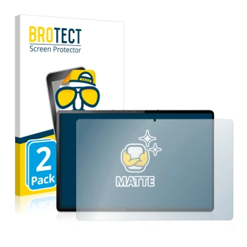 Front side of a product packaging with the brand logo BROTECT. Next to it is the device Lenovo Tab P12 Pro shown with the corr