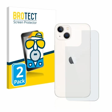 Front side of a product packaging with the brand logo BROTECT. Next to it is the device Apple iPhone 13 (Back) shown with the 