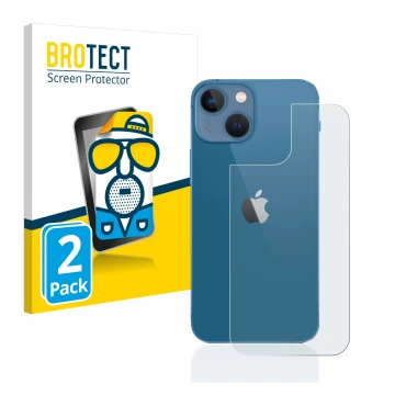 Front side of a product packaging with the brand logo BROTECT. Next to it is the device Apple iPhone 13 mini (Back) shown with