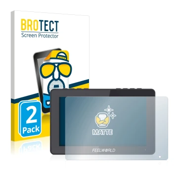 Front side of a product packaging with the brand logo BROTECT. Next to it is the device Feelworld F5 PRO V2 5.5