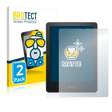 Front side of a product packaging with the brand logo BROTECT. Next to it is the device Amazon Kindle Paperwhite 2021 Signatur