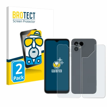 Front side of a product packaging with the brand logo BROTECT. Next to it is the device Fairphone 4 (Front+Back) shown with th