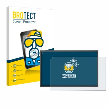 Front side of a product packaging with the brand logo BROTECT. Next to it is the device Amazon Echo Show 15 shown with the cor