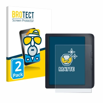 Front side of a product packaging with the brand logo BROTECT. Next to it is the device Kobo Libra 2 shown with the correspond