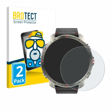 Front side of a product packaging with the brand logo BROTECT. Next to it is the device Polar Grit X Pro Titan shown with the 