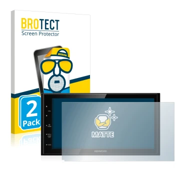 Front side of a product packaging with the brand logo BROTECT. Next to it is the device Kenwood DMX5020DABS shown with the cor