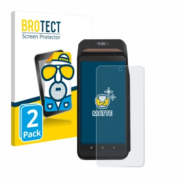 Front side of a product packaging with the brand logo BROTECT. Next to it is the device ingenico Axium DX8000 shown with the c