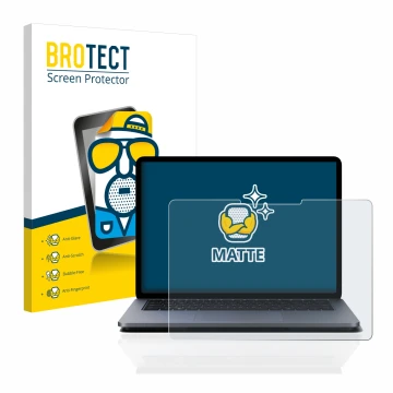 Front side of a product packaging with the brand logo BROTECT. Next to it is the device Microsoft Surface Laptop Studio shown 