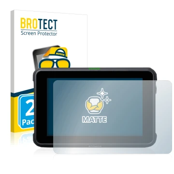 Front side of a product packaging with the brand logo BROTECT. Next to it is the device Atomos Shinobi 7 shown with the corres