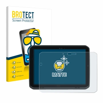 Front side of a product packaging with the brand logo BROTECT. Next to it is the device Zebra ET80 shown with the correspondin