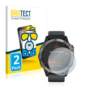 Front side of a product packaging with the brand logo BROTECT. Next to it is the device Garmin Fenix 6 Solar shown with the co