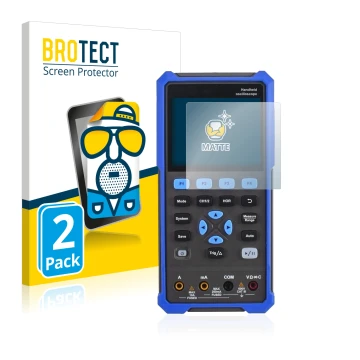 Front side of a product packaging with the brand logo BROTECT. Next to it is the device Owon HDS 200 Series shown with the cor