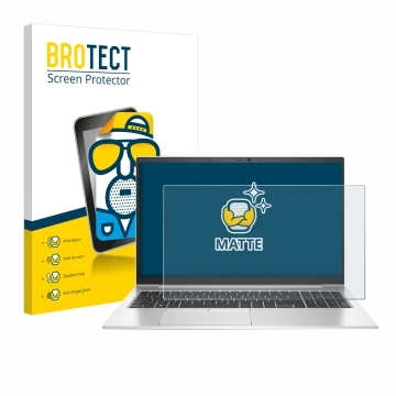Front side of a product packaging with the brand logo BROTECT. Next to it is the device HP EliteBook 850 G7 shown with the cor