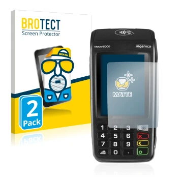 Front side of a product packaging with the brand logo BROTECT. Next to it is the device ingenico Move 5000 shown with the corr
