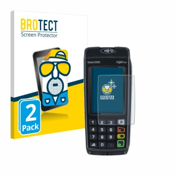 Front side of a product packaging with the brand logo BROTECT. Next to it is the device ingenico Desk/5000 shown with the corr