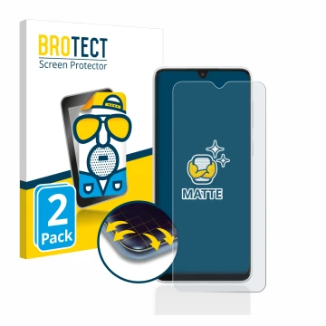 Front side of a product packaging with the brand logo BROTECT. Next to it is the device Samsung Galaxy A03 shown with the corr