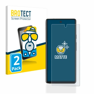 Front side of a product packaging with the brand logo BROTECT. Next to it is the device Google Pixel 6a shown with the corresp
