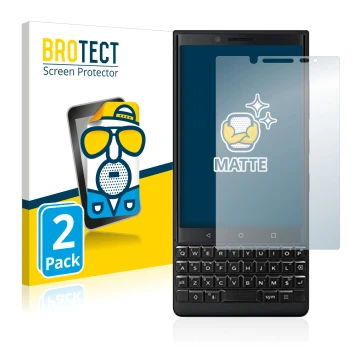 Front side of a product packaging with the brand logo BROTECT. Next to it is the device BlackBerry Key2 (Dual Sim) shown with 