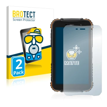 Front side of a product packaging with the brand logo BROTECT. Next to it is the device Doogee S35T shown with the correspondi