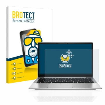 Front side of a product packaging with the brand logo BROTECT. Next to it is the device HP EliteBook 840 G8 shown with the cor