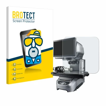 Front side of a product packaging with the brand logo BROTECT. Next to it is the device Keyence IM-7020 Glass plate shown with