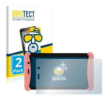 Front side of a product packaging with the brand logo BROTECT. Next to it is the device Kurio Tab Lite 2 shown with the corres