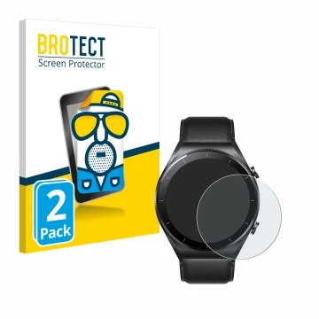 Front side of a product packaging with the brand logo BROTECT. Next to it is the device Xiaomi Watch S1 shown with the corresp