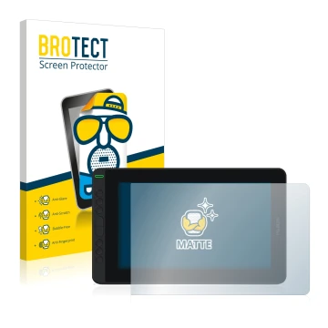 Front side of a product packaging with the brand logo BROTECT. Next to it is the device Huion Kamvas 12 shown with the corresp