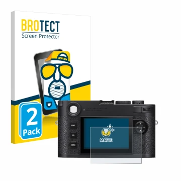 Front side of a product packaging with the brand logo BROTECT. Next to it is the device Leica M11 shown with the corresponding